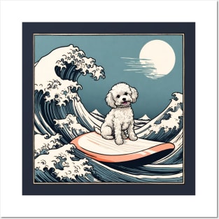 Funny Maltipoo Crusty White Dog Surfing in The Great Wave Cute Maltese Shih Tzu Dog Mom Posters and Art